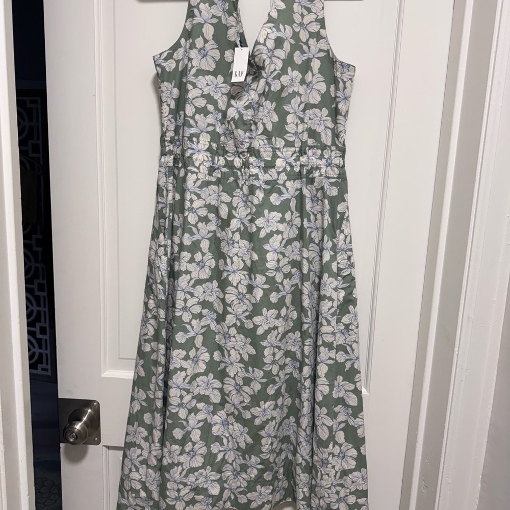 GAP White and Green Halter Midi Sundress